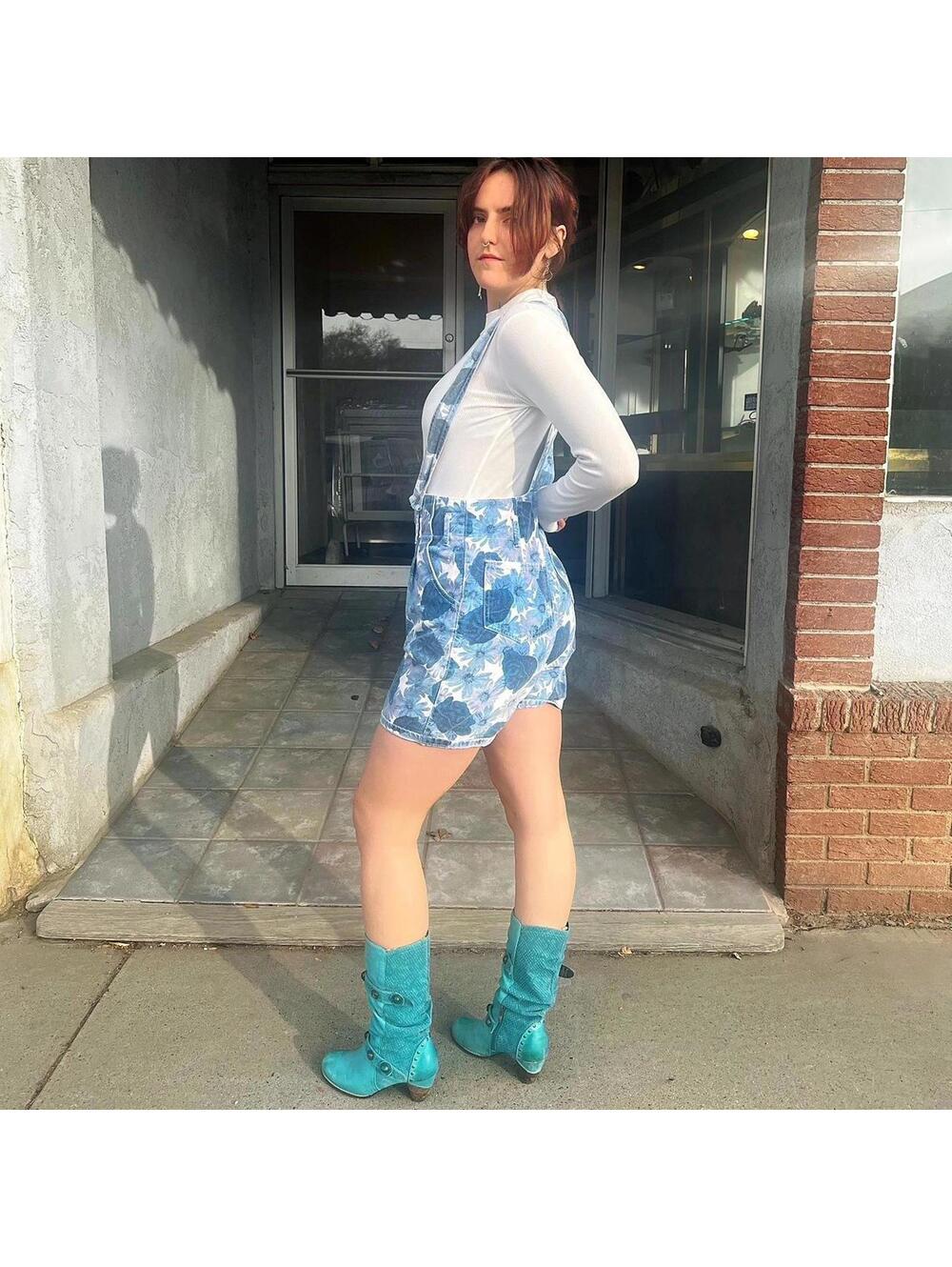Vintage 80s iit Floral Denim Look High Waist Shortalls Size M - Picture 5 of 7
